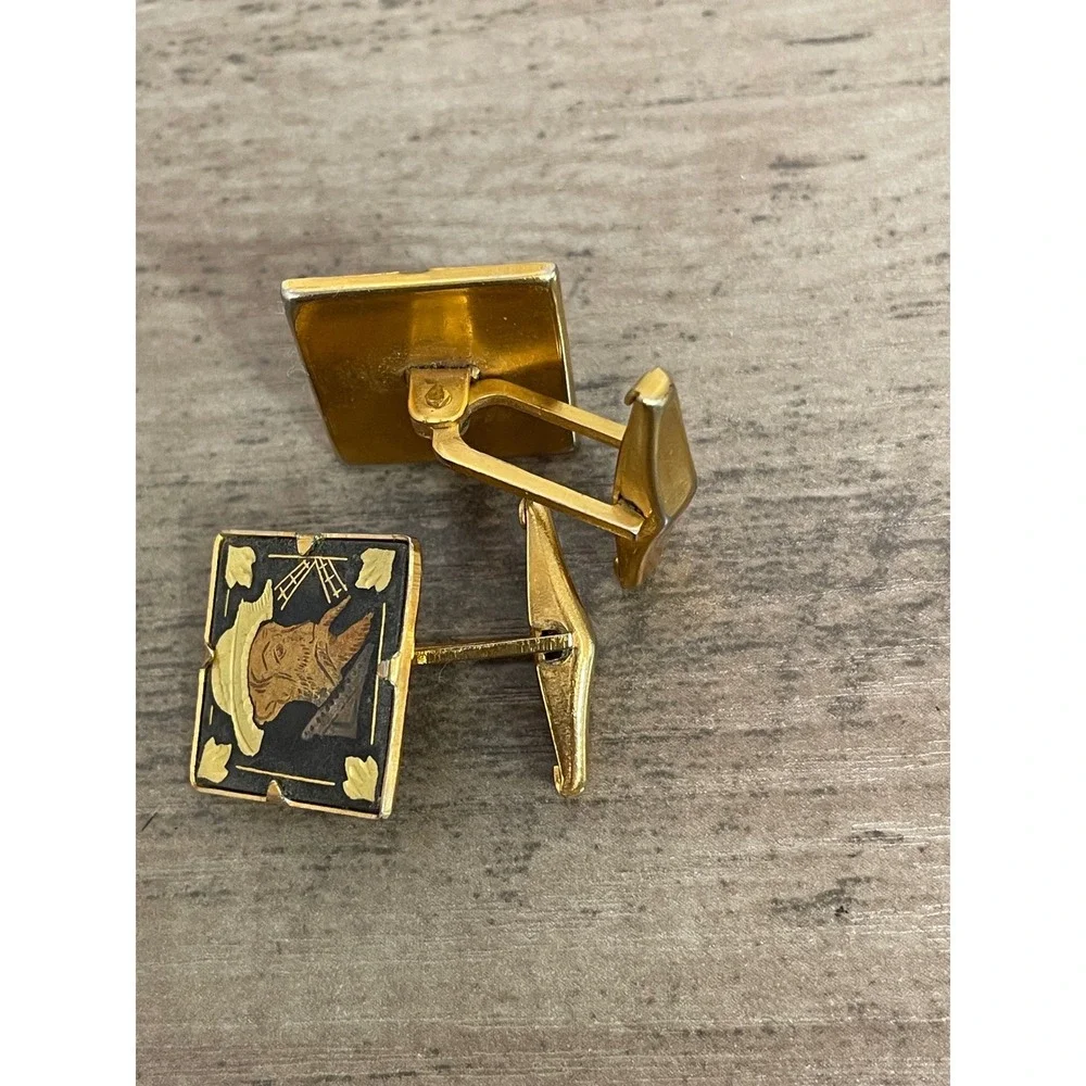 Vintage Cufflinks Don Quixote Damascene Gold Black Spanish Style Elegant Wedding